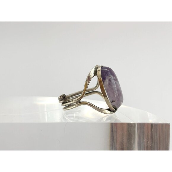 Domed Amethyst Semi-Precious Silver Adjustable Southwest Vintage Ring - sz 8 - Picture 2 of 9